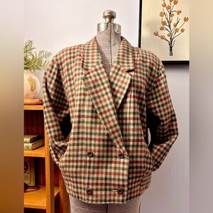 Women’s Vintage Wool Crop Boxy Checked Blazer Double Breasted Jacket Medium
